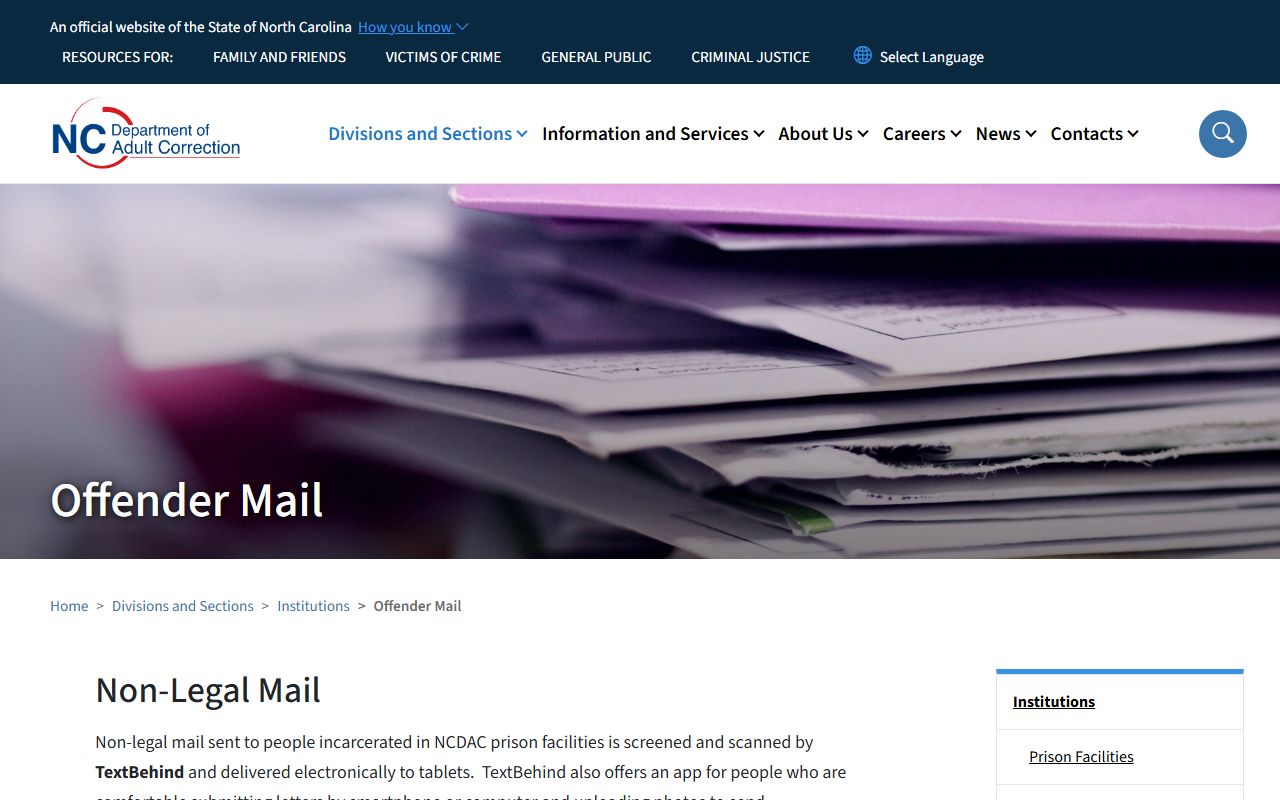 Pamlico Correctional Institution inmate mail NCDAC TextBehind rules