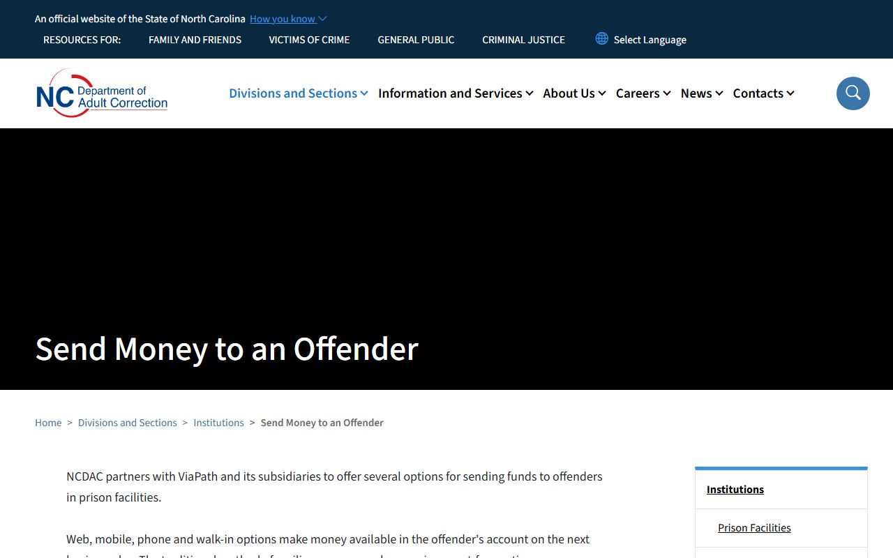 Pamlico Correctional Institution inmate money NCDAC deposit fees