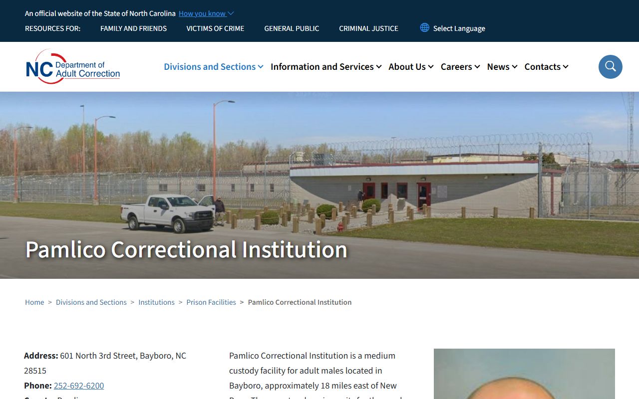 Pamlico Correctional Institution inmate lookup NCDAC facility page